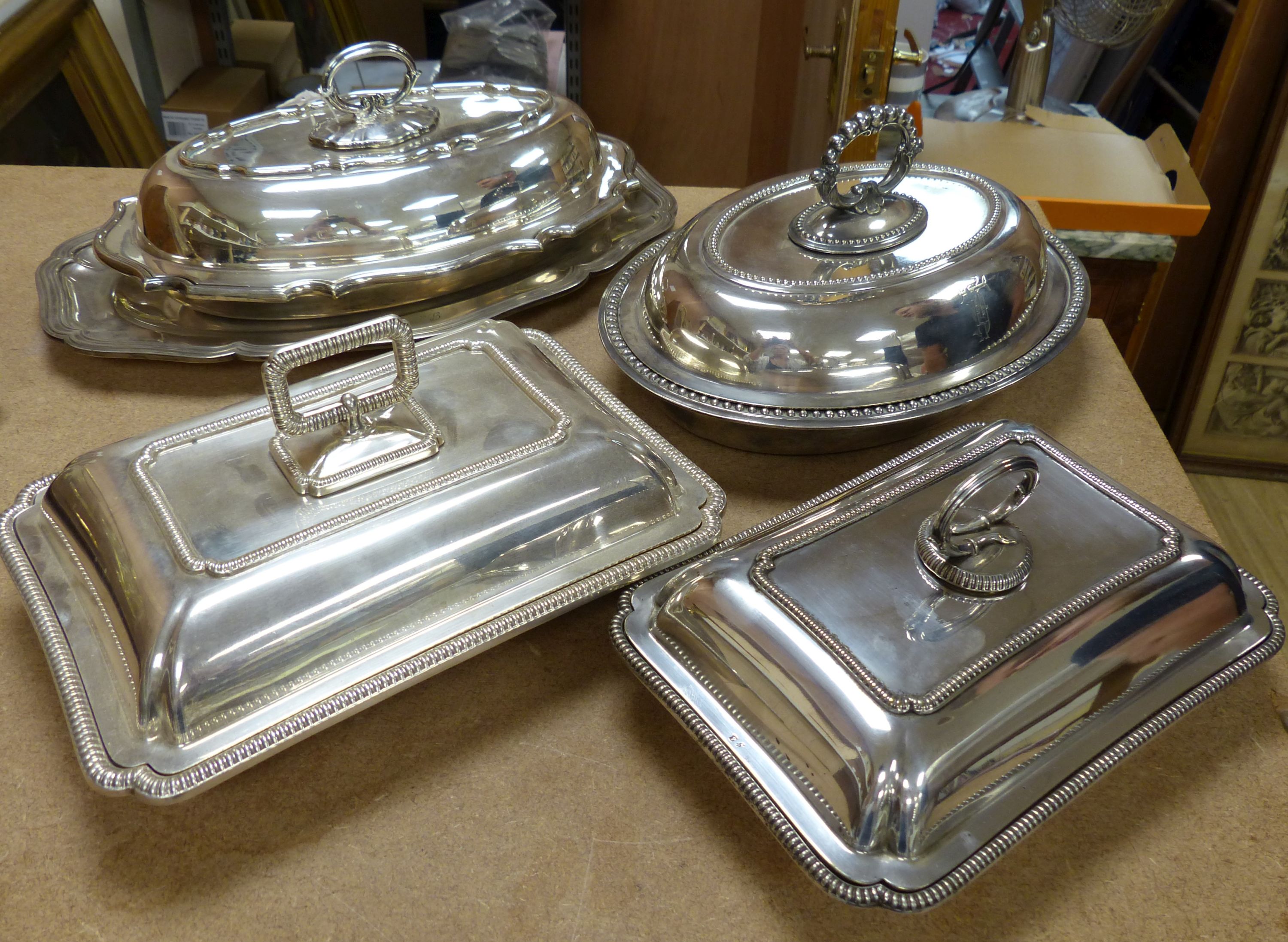 Four assorted silver plated tureens and 1 dish (5)
